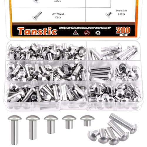 Tanstic 200Pcs M6 Solid Aluminum Brazier Head Rivets, 6mm 10mm 14mm 20mm 25mm Length Solid Aluminum Rivets for Machinery Automobile Industry von Tanstic