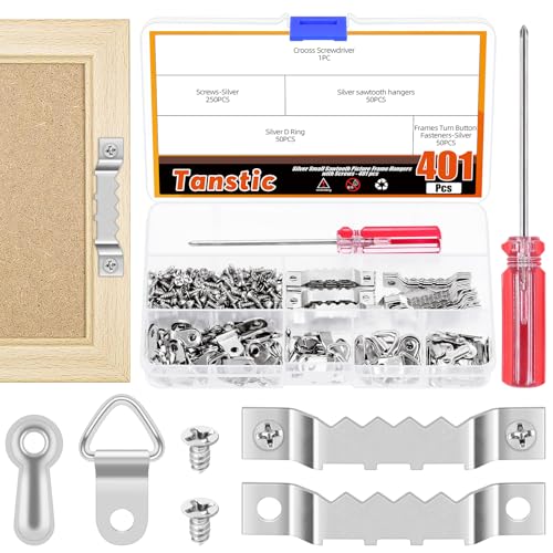 Tanstic 401Pcs Picture Hanging Kit, Sägezahn Bild Aufhänger Dreieck Ring Bild Aufhänger Turn Button Fasteners mit Schrauben und Schraubendreher für hängende Bilder Fotos (Silber) von Tanstic