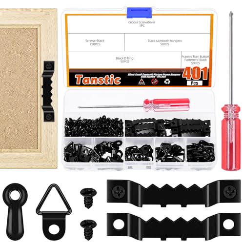 Tanstic 401Pcs Picture Hanging Kit, Sägezahn Bild Aufhänger Dreieck Ring Bild Aufhänger Turn Button Fasteners mit Schrauben und Schraubendreher für hängende Bilder Fotos (schwarz) von Tanstic