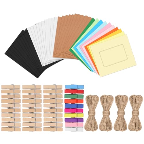 Tanstic 40Pcs 3 Zoll buntes Papier Fotorahmen Pappe Fotorahmen Hanging Photo Display Frame mit hölzernen Clips und String für Home Office Party Decor von Tanstic