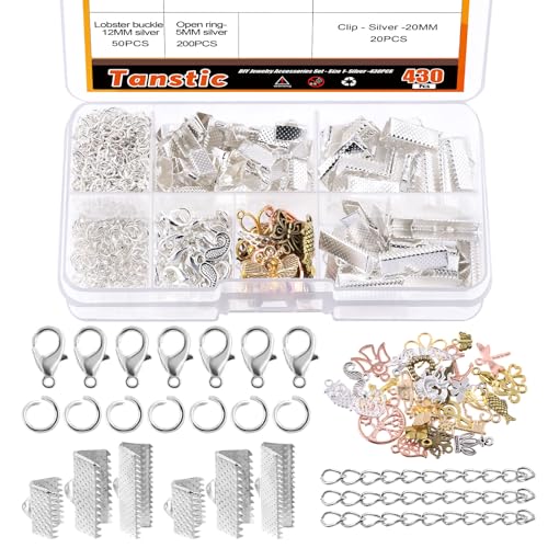 Tanstic 430Pcs Silver Ribbon Ends Fastener Clasps Kit, Bookmark Pinch Crimp Ends with Open Jump Rings, Lobster Claw Clasps, Chain Extenders and Pendant Charms for DIY Crafts Tanstic 430Pcs Silver Ribbon Ends Fastener Clasps Kit, Bookmark Pinch Crimp Ends with Open Jump Rings, Lobster Claw Clasps, Chain Extenders and Pendant Charms for DIY Crafts von Tanstic
