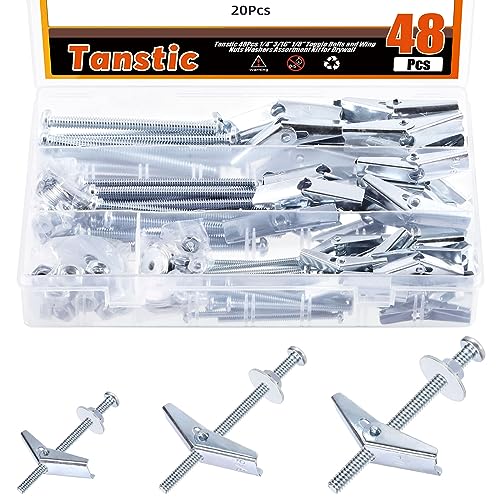 Tanstic 48 Sets 1/8" 3/16" 1/4" Toggle Bolt and Wing Nut Assortment Kit, Butterfly Toggle Anchors with Wing Nuts, Hex Nuts, Washers, Hollow Drywall Anchors and Screws for Drywall von Tanstic