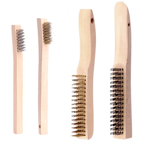 Tanstic 4Pcs Wire Brush Set, Medium & Small Brass/Stainless Steel/Carbon Steel Bristles with Long Beechwood Handle, Wire Scratch Brush for Paint, Welding and Rust Removal von Tanstic