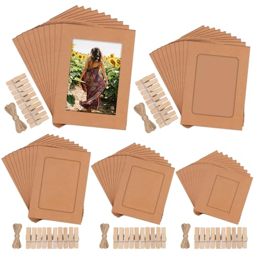 Tanstic 50Pcs 5 Größen Brown Paper Photo Frames Cardboard Photo Frame Hanging Photo Display Frame mit hölzernen Clips und String für Home Office Party Decor von Tanstic