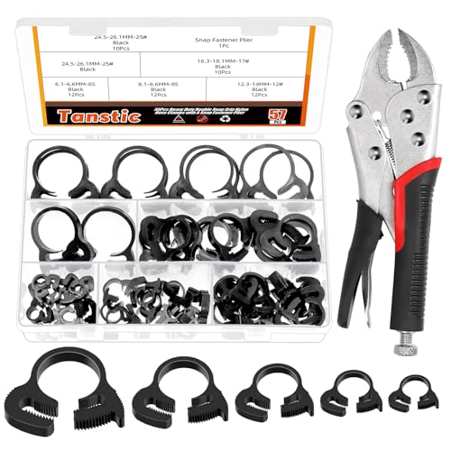 Tanstic 56 Stück 5 Größen Double Snap Grip Nylon Schlauchschellen 6.1-26.1mm Double Gripping Nylon Schlauchschellen Ratschen Schlauchschellen mit Snap Fastener Tool für Schlauch, Rohrbefestigung von Tanstic