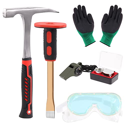 Tanstic 6-teiliges Geologie-Steinhammer und Meißel-Set, 850 g Hammer und 30,5 cm Grabmeißel, Pfeife, Sicherheitsbrille, Juwelierlupe und Handschuhe, Rock-Hounding-Ausrüstungs-Set für Steinjagden von Tanstic