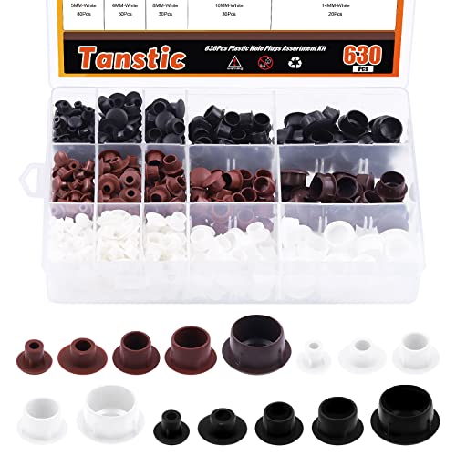 Tanstic 630 Stück 5 mm 6 mm 8 mm 10 mm 14 mm Kunststoff-Lochstopfen Schranklochstopfen runde Knopfstopfen Kunststoff bündig Typ Lochstopfen Schraubdeckel Bohren Abdeckstopfen für Schrank Regale von Tanstic