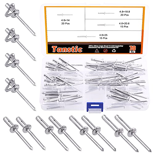 Tanstic 70 Stück 3/16 Zoll x 9/16 Zoll / 3/4 Zoll / 13/16 Zoll / 2,5 cm 4 Größen Flansch Aluminium Blindnieten Großer Kopf Dreifach Fold Exploding Pop Nieten Sortiment Kit (Silber) von Tanstic