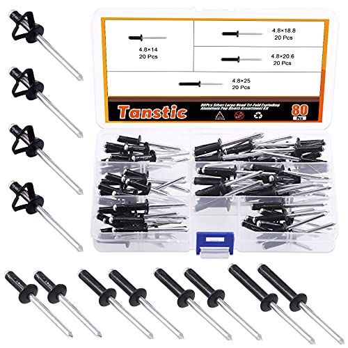 Tanstic 80 Stück 3/16 Zoll x 9/16 Zoll / 3/4 Zoll / 13/16 Zoll / 2,5 cm 4 Größen Flansch Aluminium Blindnieten Großer Kopf Tri-Fold Exploding Pop Nieten Sortiment Kit (schwarz) von Tanstic