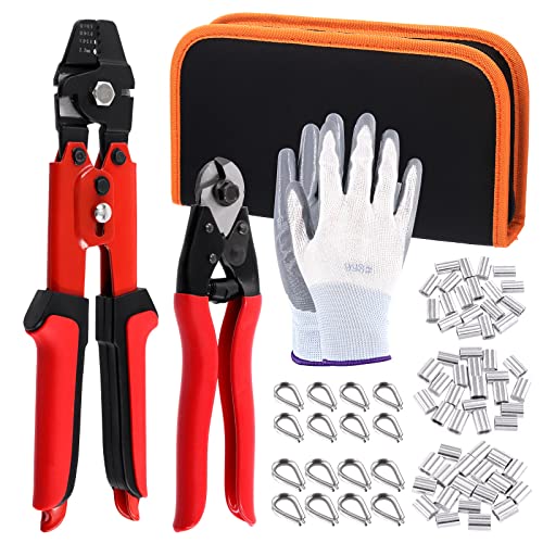 Tanstic 84Pcs Wire Rope Crimping Tool Kit, Wire Rope Swager Crimper Up To 2.2mm with Aluminum Double Barrel Ferrule Crimping Loop Sleeves, Stainless Steel Thimbles and Cable Cutter for Cable Crimping von Tanstic