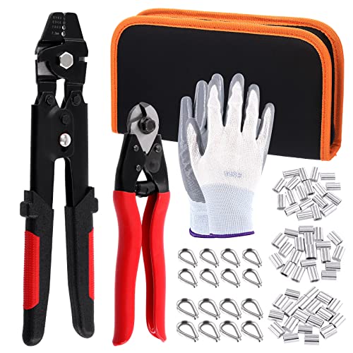 Tanstic 84Pcs Wire Rope Crimping Tool Kit, Wire Rope Swager Crimper Up To 2.2mm with Aluminum Double Barrel Ferrule Crimping Loop Sleeves, Stainless Steel Thimbles and Cable Cutter for Cable Crimping von Tanstic