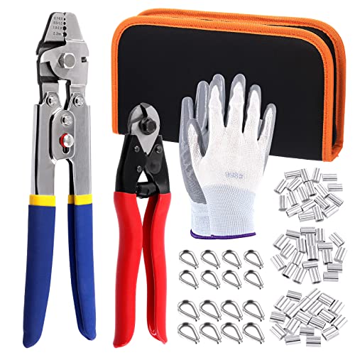 Tanstic 84Pcs Wire Rope Crimping Tool Kit, Wire Rope Swager Crimper Up To 2.2mm with Aluminum Double Barrel Ferrule Crimping Loop Sleeves, Stainless Steel Thimbles and Cable Cutter for Cable Crimping von Tanstic