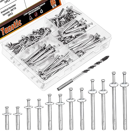 Tanstic 86Pcs 1/4 Inch Hammer Drive Pin Anchors with Concrete Drill Bit Assortment Kit, M6 x 30-80mm Mushroom Head Hammer Drive Nail in Anchors, Mushroom Nail Drive Anchors for Concrete Drywall von Tanstic