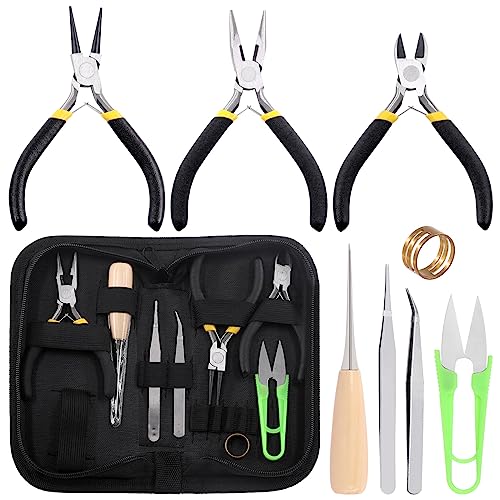 Tanstic 9Pcs Jewelry Making Tools Kit, Includes Chain Nose Pliers, Round Nose Pliers, Wire Cutter, Straight & Bent Tweezers, Jump Ring Opening Tool, Awl, Scissor with Storage Pouch for Jewelry Repair von Tanstic