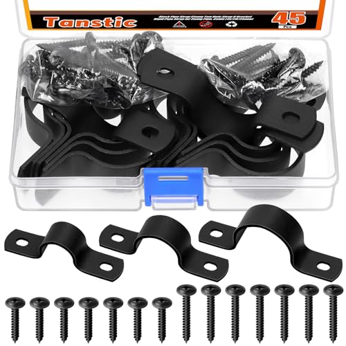 Tanstic Black Pipe Strap Clamp Two Hole Strap U Bracket Rigid Pipe Strap for Fixing Pipe, Cable (15/20/25mm) von Tanstic