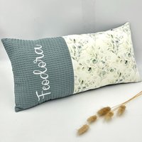 Kissen Opt. Mit Namen -Eukalyptus, Waffelpique Dustymint Dunkel von TanteFi