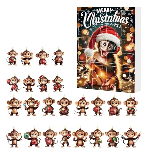 24 Acryl-Affen-Ornamente für Adventskalender, Weihnachtsdekoration 2025, mit 2D-Cartoon-Affen-Figuren, für Heimdekoration, Baum und Auto, kreatives und lustiges festliches Geschenk von Tanxemery