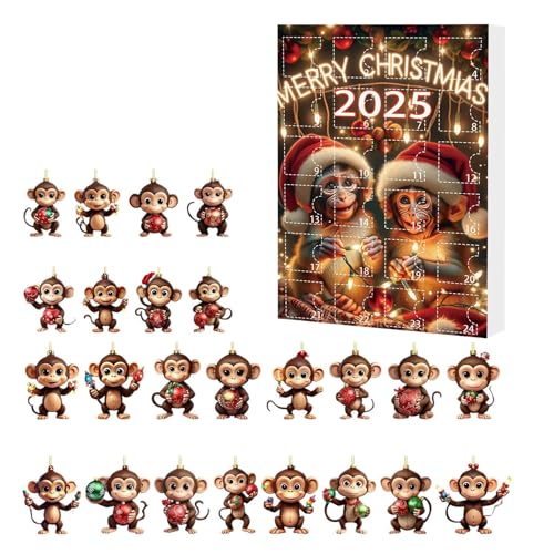 24 Acryl-Affen-Ornamente für Adventskalender, Weihnachtsdekoration 2025, mit 2D-Cartoon-Affen-Figuren, für Heimdekoration, Baum und Auto, kreatives und lustiges festliches Geschenk von Tanxemery