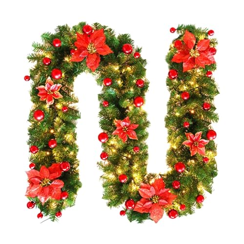 Tanxemery Weihnachtslichterkette aus Rattan, Weihnachtsgirlande mit Lichtern - 9 Fuß LED vorbeleuchtete künstliche Lichterkette | batteriebetriebene Rattan-Lichterkette, rote Blumendekoration, Grün von Tanxemery