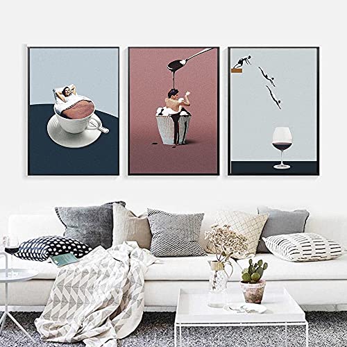 Abstrakte Nordic Poster Springen Weinglas Leinwand Malerei Wandkunst Bilder Moderne Schokolade Mädchen Prins An Der Wand Für Wohnzimmer Wohnkultur 14"X20"X3Pcs Kein Rahmen von TANYANG