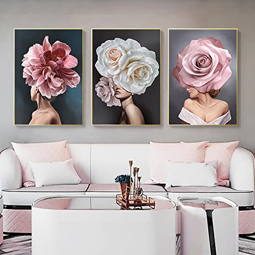 Rosa Weiße Blume Dame Poster Persönlichkeit Mode Abstrakte Frau Leinwand Gemälde 3 Stück Wandkunst Bilder Druck Und Poster Wohnkultur 50Cmx70Cm Kein Rahmen von TANYANG