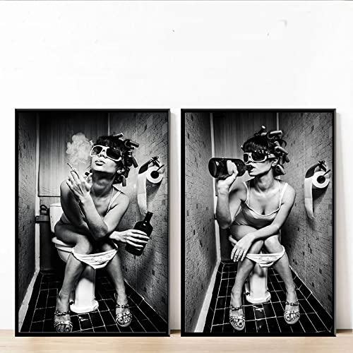 Schwarz-Weiße Sexy Frau Sitzt Auf Der Toilette Rauchen Poster Wandbild 2 Stück Wandkunst Leinwand Malerei Badezimmer Dekoration 12"X16" Kein Rahmen von Tanyang