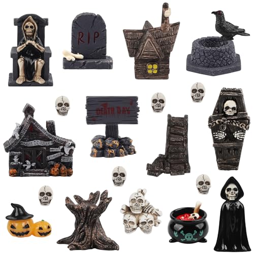 TaoQ C 21 Stück Halloween Miniaturen Figuren Halloween Harz Figuren Miniatur Grabsteine Mini Skelett Kürbis Geist Ornamente für Terrorparty Home Tischplatte Dekor von TaoQ C