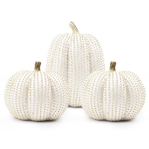 TaoQ C 3 Stück Große Thanksgiving Harz Kürbis, Herbst Kürbis Figuren Weiß und Gold Glitter Harz Kürbis für Heimküche Halloween Thanksgiving Herbst Ernte Dekoration von TaoQ C