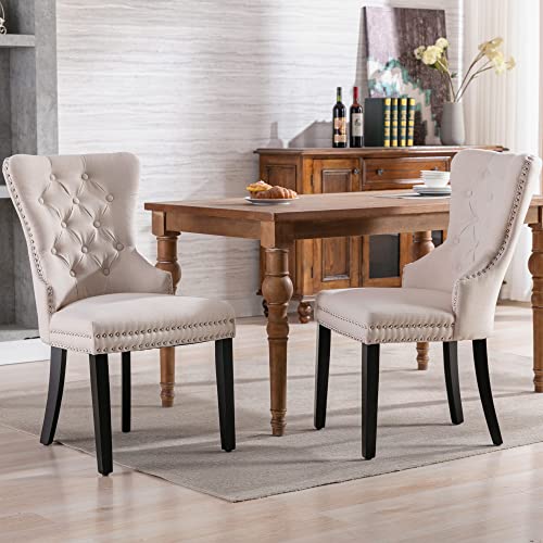 Taoplay 2-Piece Linen Dining Chairs with Oak Legs, Button, Chrome Rivets and Nailhead Trim for Kitchen, Beige von Taoplay