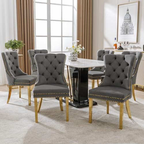 Taoplay 6-Piece Set Dining Chair with Unique Round Pull - Rings on Back, Nailhead - Trimmed Upholstered Chair, Gold - Plated Stainless Steel Legs, Gray Velvet, Grey von Taoplay