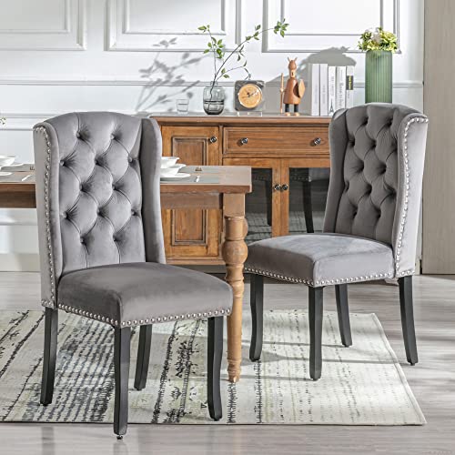 Taoplay 6-Piece Velvet Dining Chairs with Oak Legs, Button, Chrome Rivets and Nailhead Trim for Kitchen, Grey von Taoplay