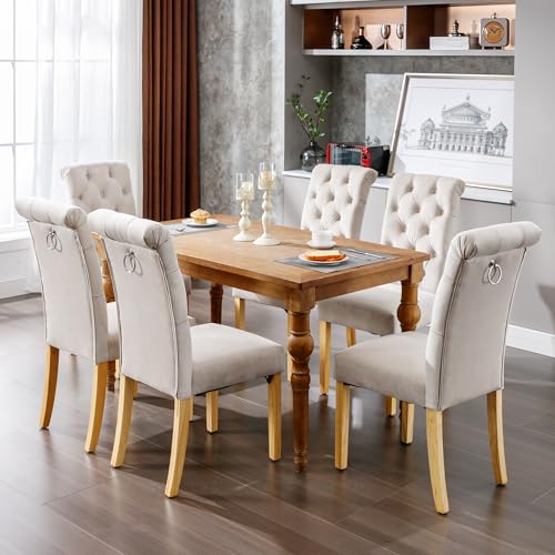 Taoplay 6-Piece Velvet Dining Chairs with Oak Legs, Button and Chrome Rivets for Bedroom, Kitchen, Beige von Taoplay