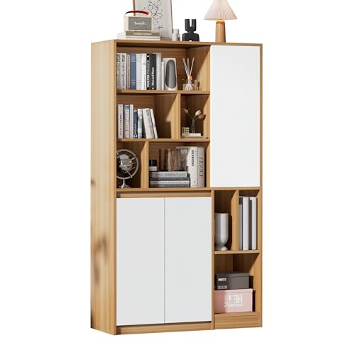 Taoplay Bücherregal mit Türen, Schmal und Kompakt, Bücherschrank für Wohnzimmer und Schlafzimmer, Eckenregal, Bücherschrank mit türen, WalnussWeiß Taoplay Bücherregal mit Türen, Schmal und Kompakt, Bücherschrank für Wohnzimmer und Schlafzimmer, Eckenregal, Bücherschrank mit türen, WalnussWeiß von Taoplay