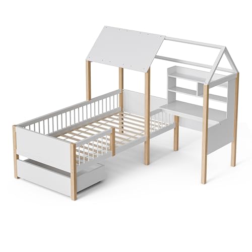 Taoplay Hochbett mit Schreibtisch, Treppe & Rausfallschutz – Etagenbett für Kinder & Erwachsene, Bett Set, 200cm, SternWeiß von Taoplay