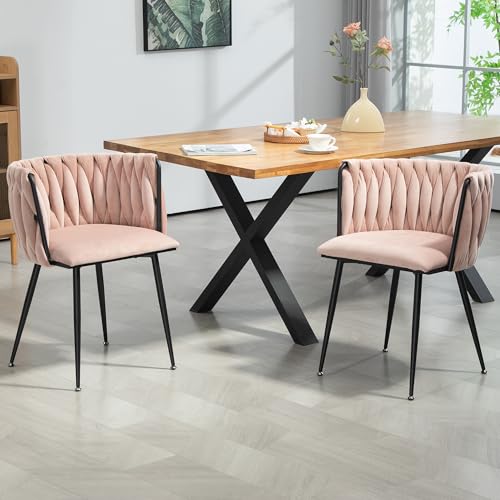 Taoplay Modernes luxuriöses Samt-Esszimmerstuhl-Set (2er-Set), goldene Metallbeine, handgewebtes Design, weiche Kissen für Verschiedene Räume, Pink von Taoplay
