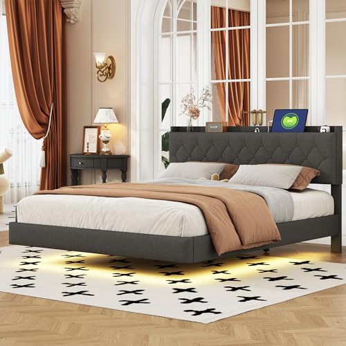 Taoplay Polsterbett 160 * 200 cm mit USB-Ladeanschluss und LED-Farbwechsel-Lichtleiste, Doppelbett in hautfreundlichem Leinenstoff mit Lattenrost, Gray von Taoplay