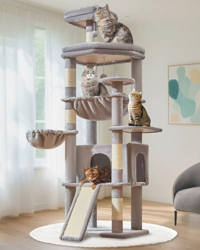 Taoqimiao 72 Zoll Kratzbaum für große Katzen, mehrstöckiger hoher Katzenturm, verbreiterte Katzenhütte mit großem Kratzbrett, 5 Kratzstämme, Metallhammhahn, gemütlicher Korb, Hellgrau, MS045W Taoqimiao 72 Zoll Kratzbaum für große Katzen, mehrstöckiger hoher Katzenturm, verbreiterte Katzenhütte mit großem Kratzbrett, 5 Kratzstämme, Metallhammhahn, gemütlicher Korb, Hellgrau, MS045W von Taoqimiao