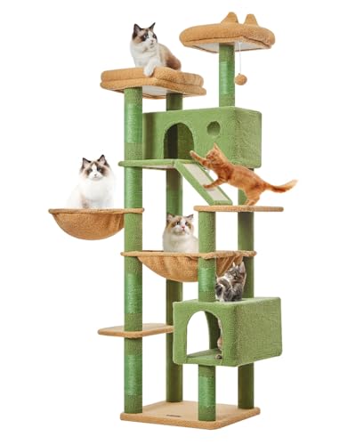 Taoqimiao Kratzbaum Groß XXL MSC026L, 180CM Katzen Kratzbaum Stabil Aktivitätskratzbäum Mehrstöckiger Katzenbaumr Katzenmöbel mit 2 Katzenhaus, Hängematte, Korb, 8 Kratzsäulen, Grün von Taoqimiao