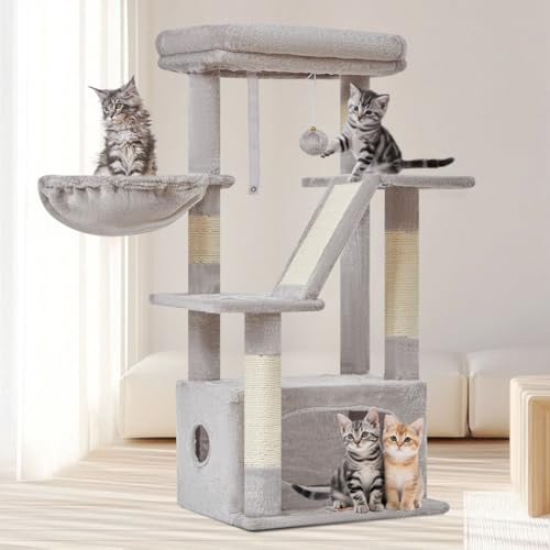 Taoqimiao Kratzbaum Klein MS029SW, 97cm Katzen Kratzbaum Stabil Aktivitätskratzbäum KatzenKratzbaum Katzenmöbel mit Katzenhaus, Korb, 4 Kratzsäulen und Plüschbälle，Hellgrau von Taoqimiao