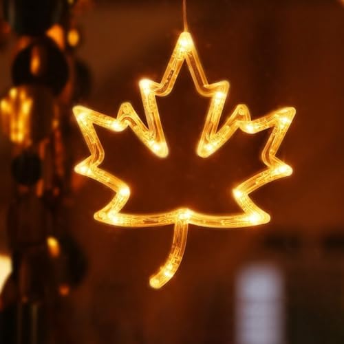 Kürbis- und Ahornblatt-Thema, abnehmbare batteriebetriebene LED-Fensterlichter, für saisonale Herbstdekoration, kompatibel mit mehreren Oberflächen (Ahornblatt) von Taotalhomy