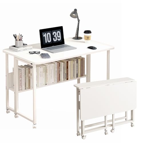 Taotigzu Mobiler Klappschreibtisch 80X58CM, Mini Computertisch mit Rollen, Platzsparender Laptoptisch für kleine Räume, Faltbar Kleiner Computertisch mit Ablage(Weiß, 80x58cm) von Taotigzu