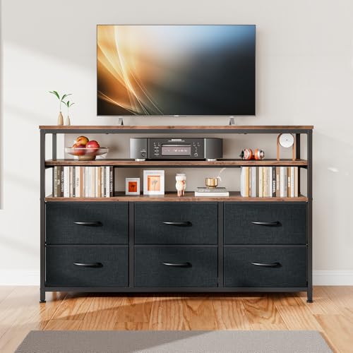 Taotigzu TV-Schrank 100 cm lang, TV-Möbel für Wohnzimmer mit Schubladen aus Stoff, TV-Schrank mit Regalen für Wohnzimmer, Schlafzimmer, Metallrahmen, Schwarz, H 80 x B 100 x B 30 cm von Taotigzu