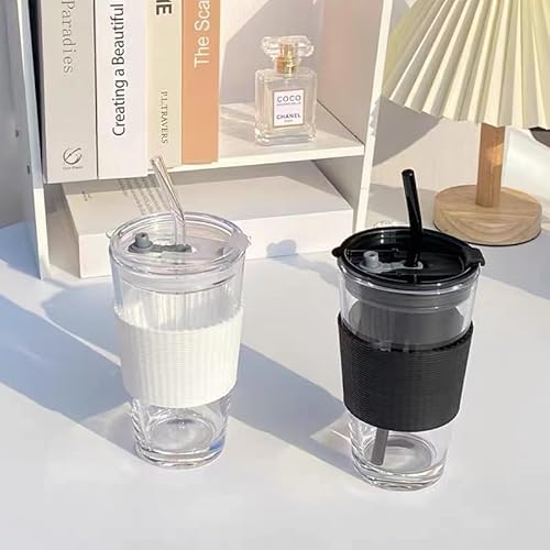 2 Stück 450ml Glasbecher mit Deckel und Strohhalm, Becher Trinkbecher mit Deckel und Strohhalm, Tumbler Becher für Erwachsene, Kaffee Smoothie Früchtetee, Eiskaffee becher to go, Whiskeygläser von Taoyanmo