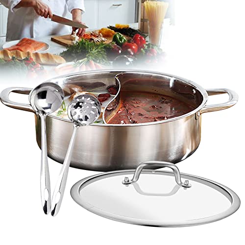Edelstahl Hot Pot Topf Induktion Suppentopf,28cm Hot Pot Cooker mit Deckel und 2 Schöpflöffel, Trennwand, für Induktion Kochfeld Gaskocher von Taozhiyy