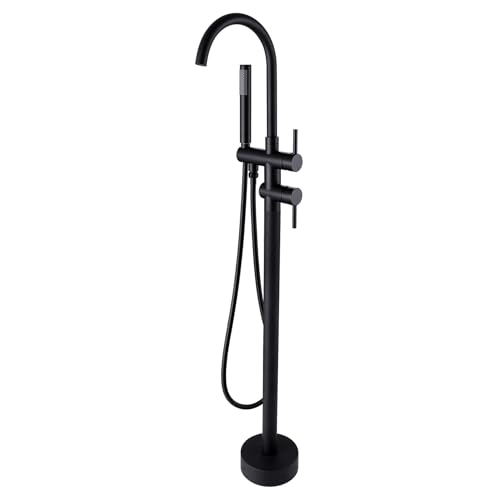 Freistehende Badewannen-Wasserhahn, Wasserfall-Füller, Bodenmontage, Badezimmer-Armaturen, Messing, Einzelgriff mit Handbrause, hoher Durchflussmenge, mattschwarzer Wasserhahn, lang (Schwarz Nickel) von TapLong