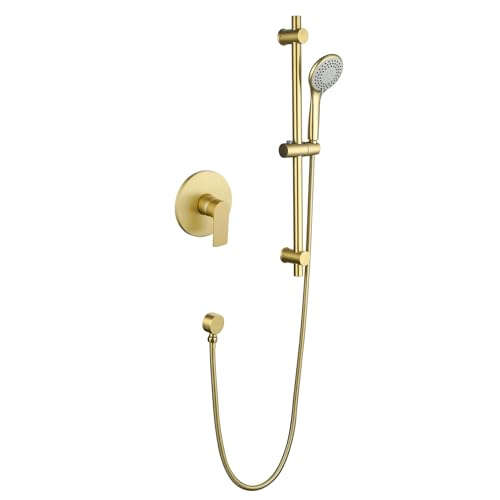 TapLong 06161BG Duschstange, verstellbar, 3-Funktions-Handbrause, Duschsystem mit druckausgleichendem Messingventil (gebürstetes Gold), 06161BG von TapLong