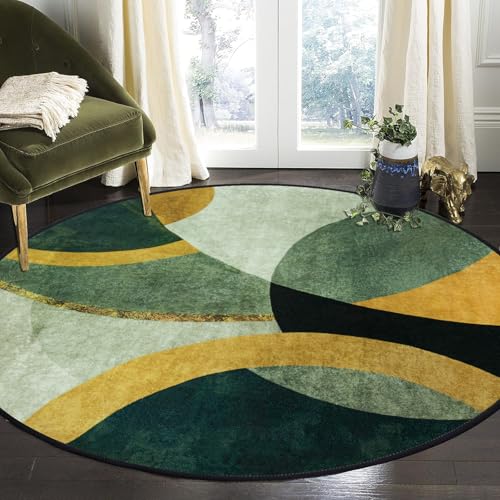 Tapis Design Runder Teppiche Wohnzimmer, Smaragdgrün Senfgrau, Halbkreismuster Waschbare Teppiche, rutschfest Teppich für Wohnzimmer, Schlafzimmer, Kamin, 80 cm von Tapis Design