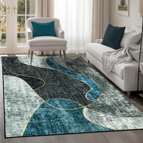 Tapis Design Wohnzimmer Teppich Groß Rutschfest Waschbare Kurzflor Teppich Modern Abstrakte Geometrisches Muster, Farbe: Grau, Blau, Größe: 200x300cm von Tapis Design