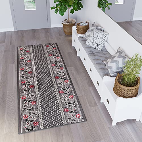 TAPISO Dream Läufer Teppich Flur Brücke Modern Blumen Floral Streifen Abstrakt Muster in Grau Creme Rot Korridor Wohnzimmer ÖKOTEX 70 x 200 cm von TAPISO