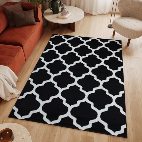 TAPISO Luxury Teppich Kurzflor Schwarz Weiß Wohnzimmer Schlafzimmer Modern Marokkanisch Geometrisch Gitter Rauten Kleeblatt Design ÖKOTEX 120 x 170 cm von TAPISO